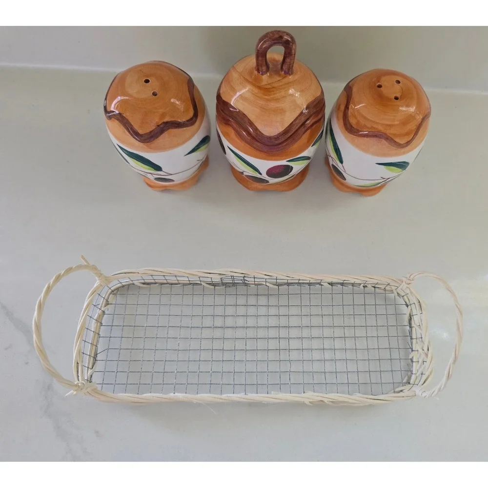 Ceramic Olive Branch Salt‎ Pepper Shakers and Sugar Pot Set with Wicker Caddy